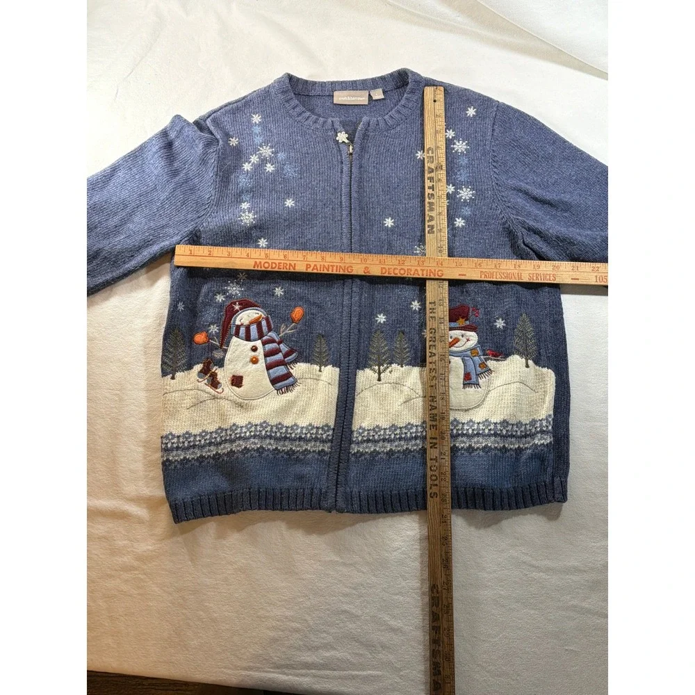 Croft & Barrow Womens Blue Snowman Full Zip Sweater Cardigan Large Holiday L